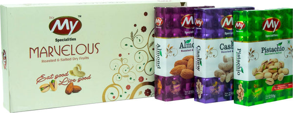 MARVELOUS Roasted & Salted Dry Fruits | Festive Dry Fruits Gift Pack | Contains Almonds, Cashews, Pistachios  (3 x 250 g)